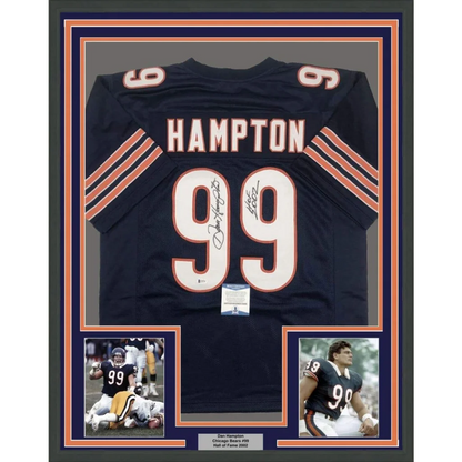 Framed signed Dan Hampton Chicago Bears navy blue jersey number 99