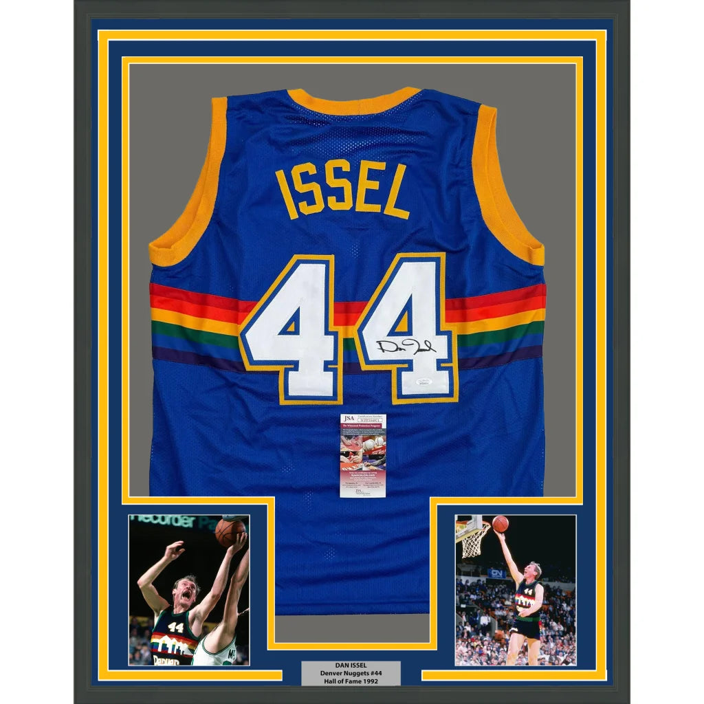 Framed autographed Dan Issel Denver Nuggets blue retro rainbow jersey, #44