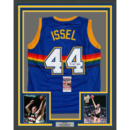 Framed autographed Dan Issel Denver Nuggets blue retro rainbow jersey, #44