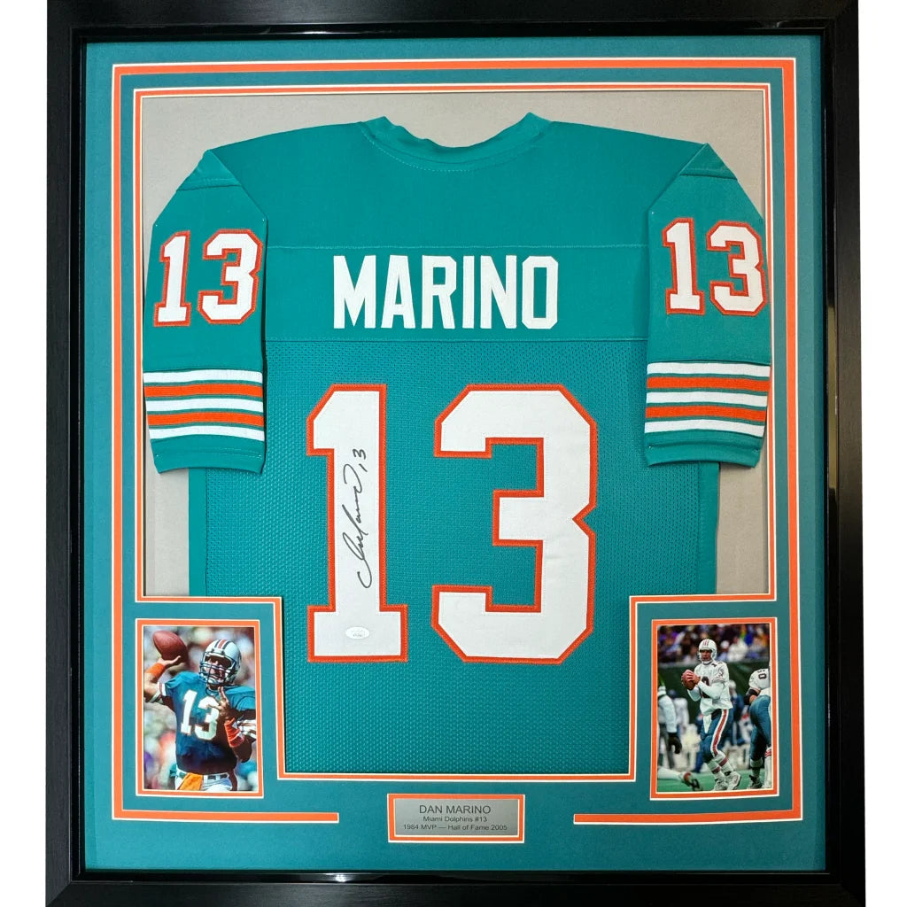 Framed autographed Dan Marino Miami Dolphins teal jersey back, JSA COA