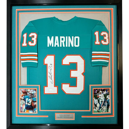 Framed autographed Dan Marino Miami Dolphins teal jersey back, JSA COA