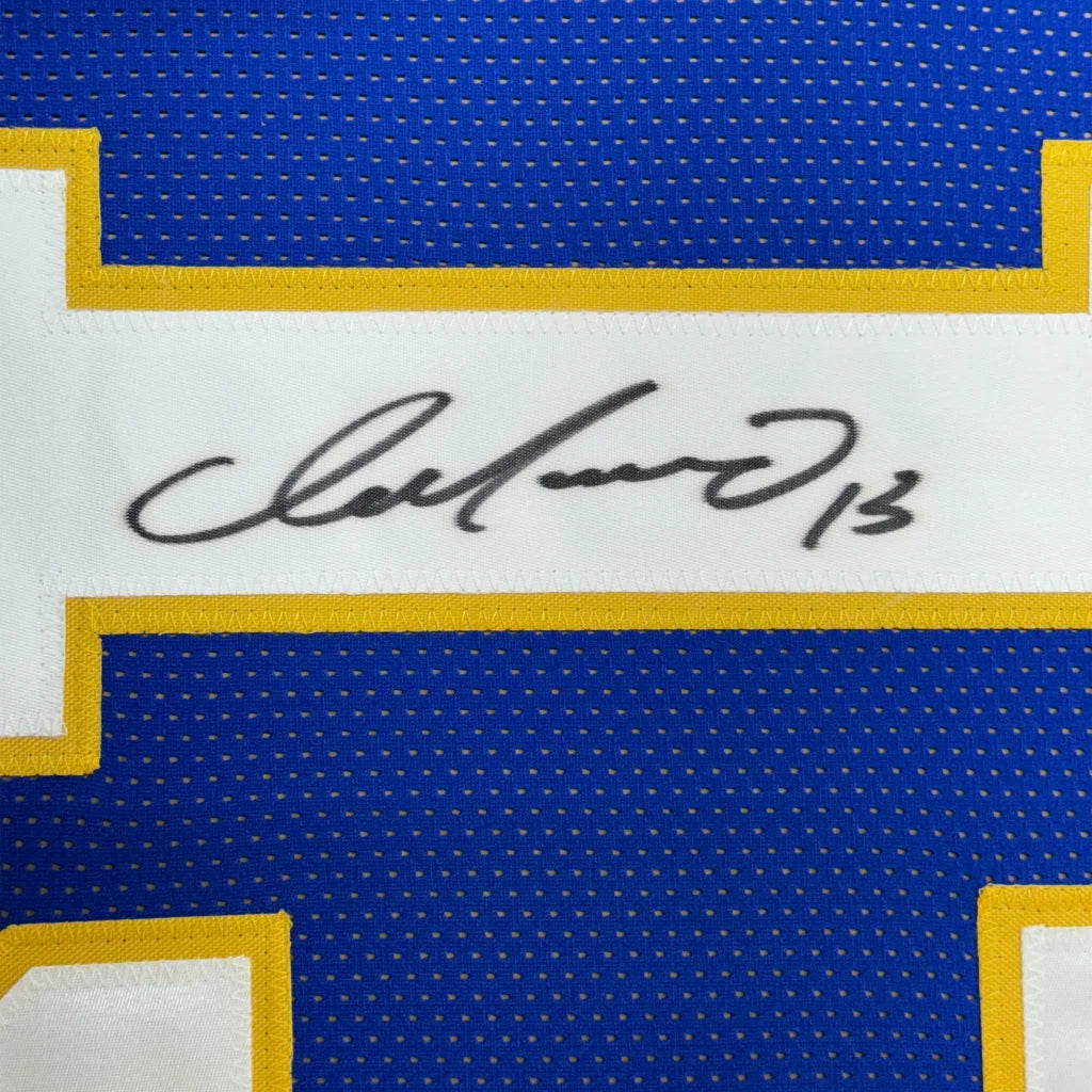 Blue and gold Dan Marino jersey with black signature and premium matting for display