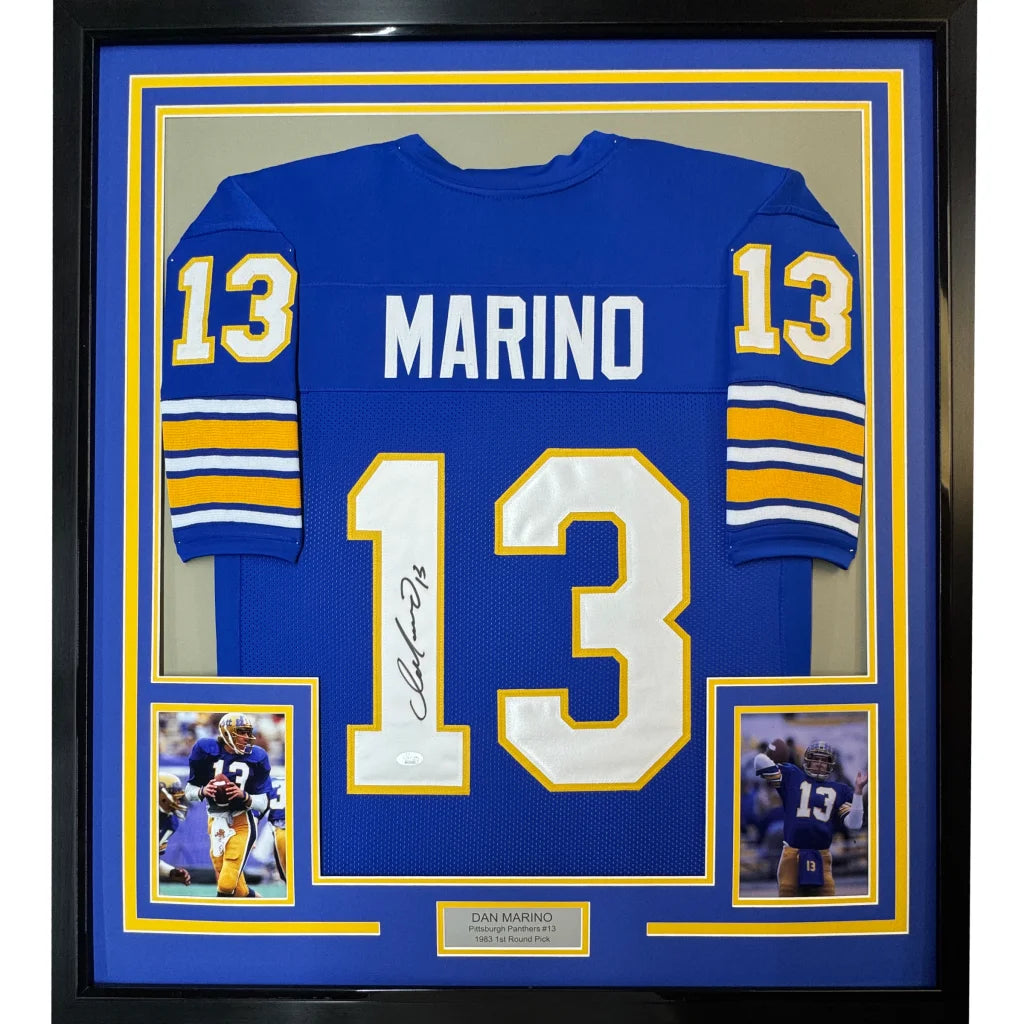 Framed Dan Marino football jersey with premium matting and photos for display