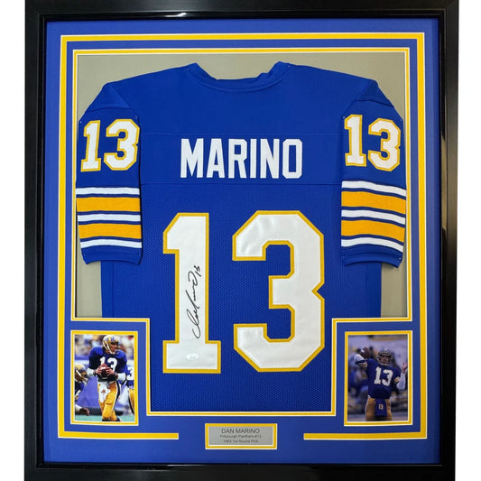 Framed Dan Marino football jersey with premium matting and photos for display