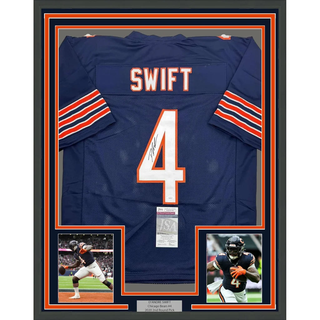 Professionally framed Chicago blue football jersey with autograph and player photos