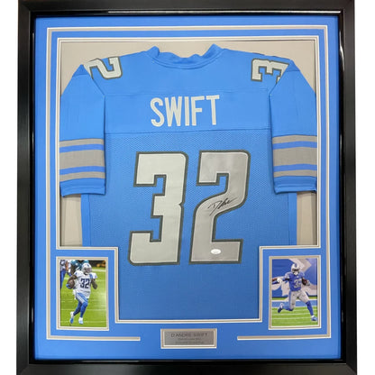 Framed autographed D’Andre Swift Detroit Lions blue jersey with JSA COA