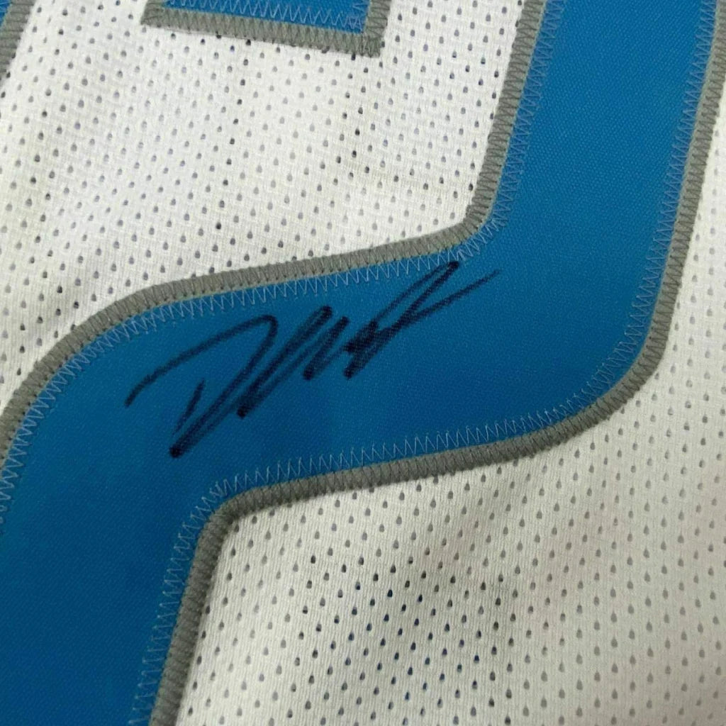 Framed autographed dandre swift detroit white football jersey blue and white mesh with gray stitched border and black ink signature