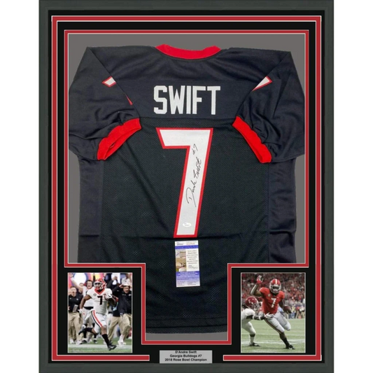 Framed DAndre Swift Georgia Bulldogs autographed jersey with photos on display