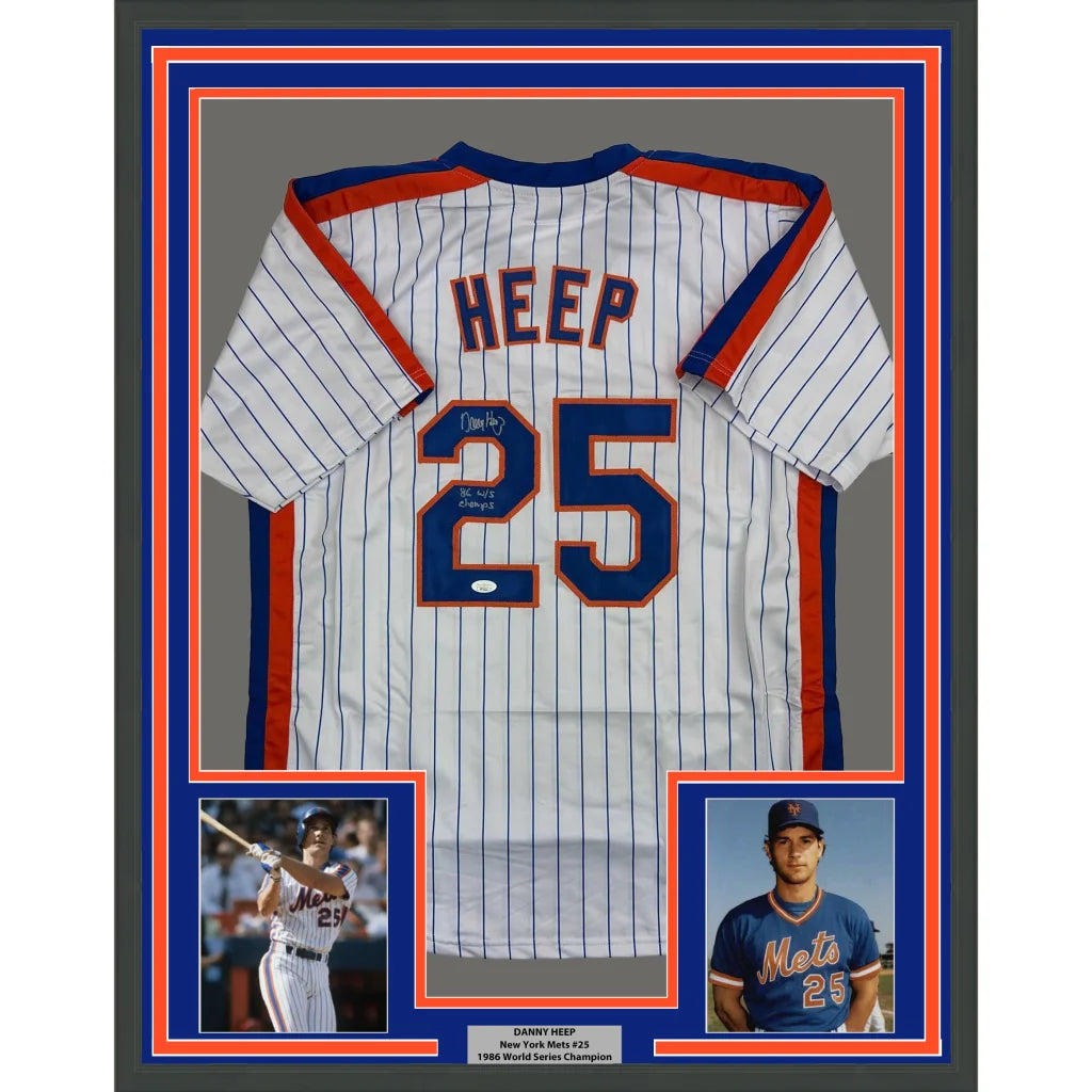 Framed Autographed Danny Heep 35x39 86 WS Champs New York Pinstripe Baseball Jersey JSA COA | Hall of Fame Sports Memorabilia | vintageantiquesgifts.com