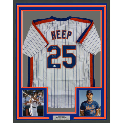 Framed Autographed Danny Heep 35x39 86 WS Champs New York Pinstripe Baseball Jersey JSA COA | Hall of Fame Sports Memorabilia | vintageantiquesgifts.com