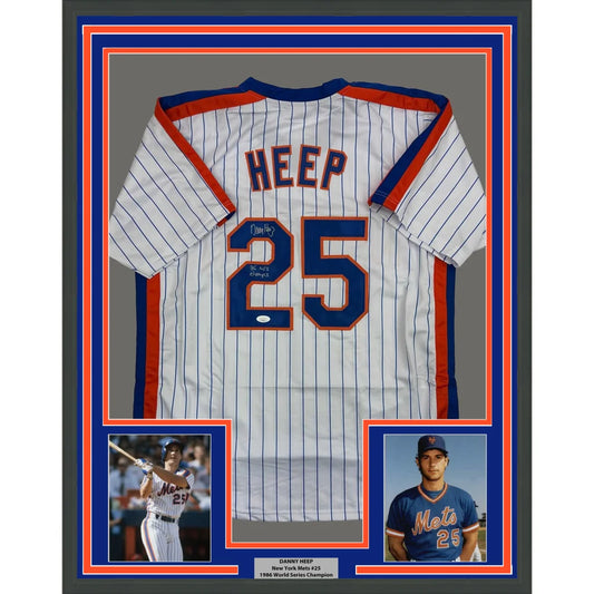 Framed Autographed Danny Heep 35x39 86 WS Champs New York Pinstripe Baseball Jersey JSA COA | Hall of Fame Sports Memorabilia | vintageantiquesgifts.com