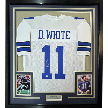 Framed Autographed Danny White 35x39 Dallas White Football Jersey JSA COA | Hall of Fame Sports Memorabilia | vintageantiquesgifts.com