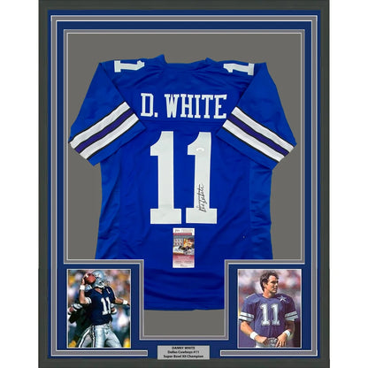 Framed autographed Danny White Dallas Cowboys blue jersey #11 with JSA COA