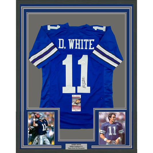 Framed autographed Danny White Dallas Cowboys blue jersey #11 with JSA COA