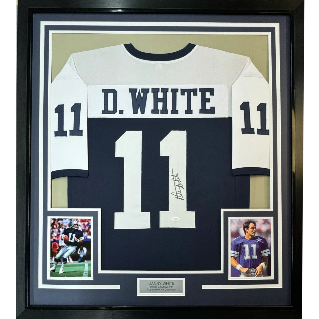 Framed Autographed Danny White 35x39 Dallas Thanksgiving Day Football Jersey JSA COA | Hall of Fame Sports Memorabilia | vintageantiquesgifts.com