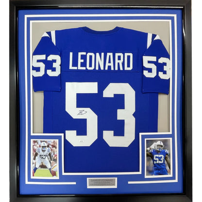 Framed autographed Darius Leonard Indianapolis Colts blue jersey with number 53