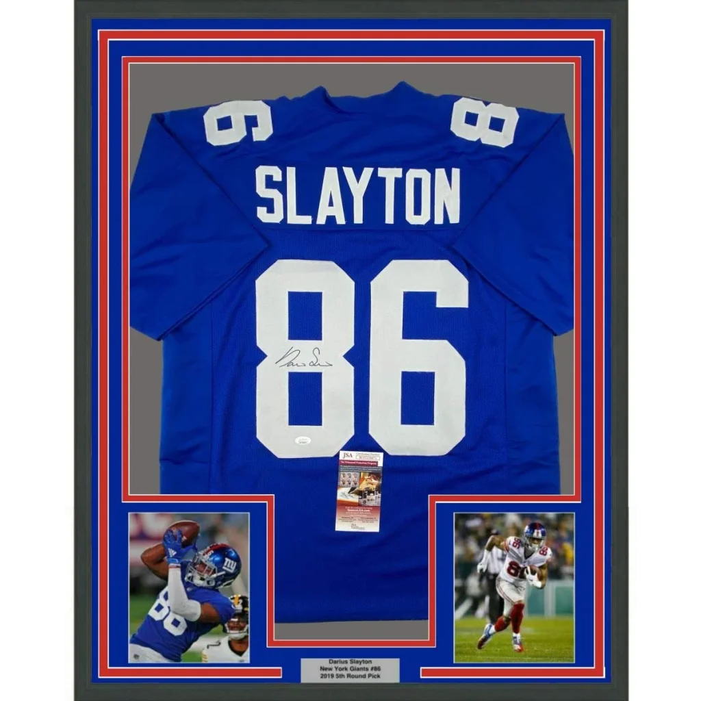Framed Autographed Darius Slayton 35x39 New York Blue Football Jersey JSA COA | Hall of Fame Sports Memorabilia | vintageantiquesgifts.com