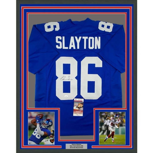Framed Autographed Darius Slayton 35x39 New York Blue Football Jersey JSA COA | Hall of Fame Sports Memorabilia | vintageantiquesgifts.com