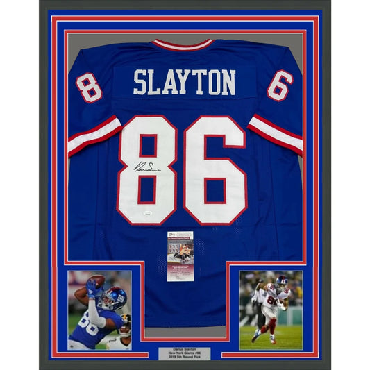 Framed Darius Slayton York Retro Blue Jersey with autograph, player photos, and certification for your man cave