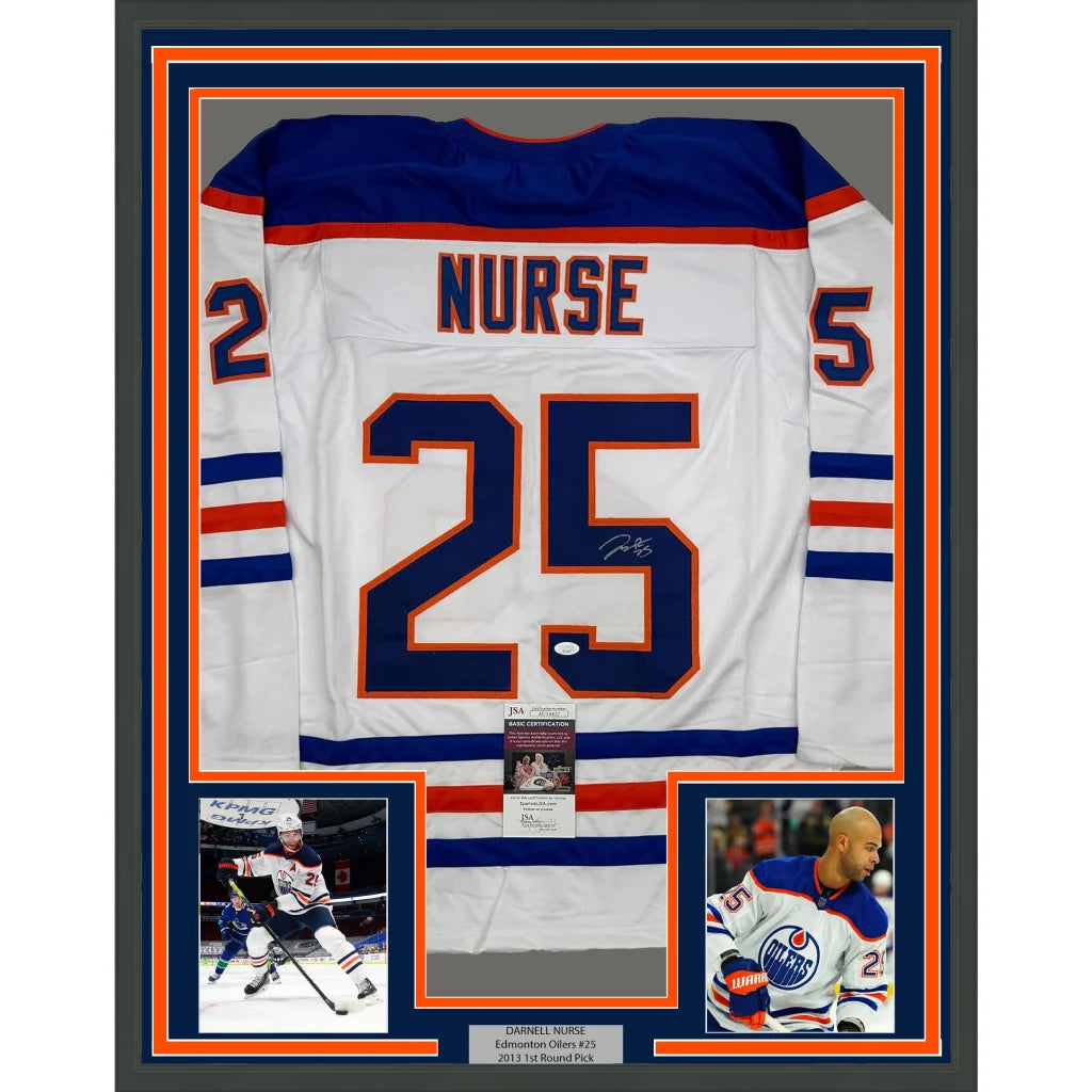 Framed autographed Darnell Nurse Edmonton white hockey jersey with number 25