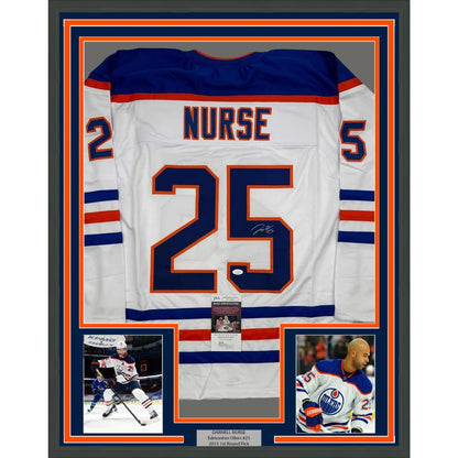 Framed autographed Darnell Nurse Edmonton white hockey jersey with number 25