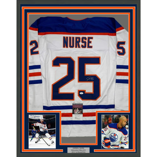Framed Autographed Darnell Nurse 35x39 Edmonton White Hockey Jersey JSA COA | Hall of Fame Sports Memorabilia | vintageantiquesgifts.com