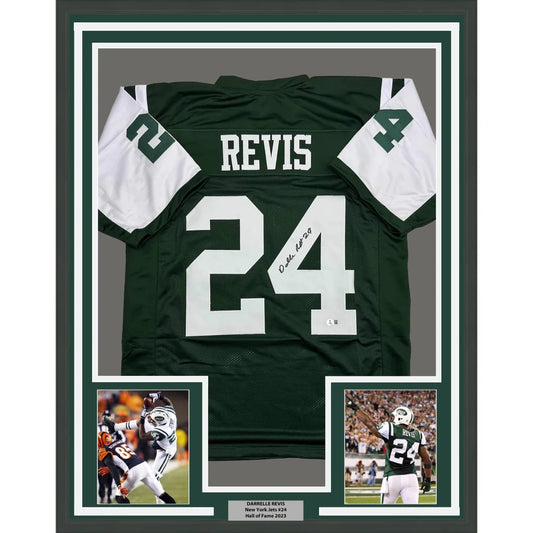 Framed Autographed Darrelle Revis 35x39 New York Green Football Jersey Beckett BAS COA | Hall of Fame Sports Memorabilia | vintageantiquesgifts.com