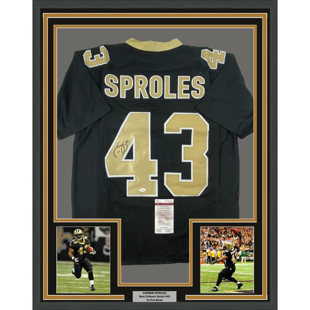 Framed Darren Sproles New Orleans Saints jersey with autographs and action photos for your man cave