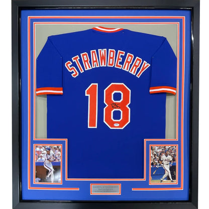 Framed Darryl Strawberry autographed baseball jersey with photos and plaque for wall display