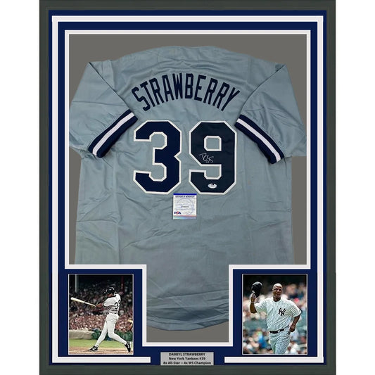 Framed Darryl Strawberry Yankees autographed jersey with two inset photos for fans