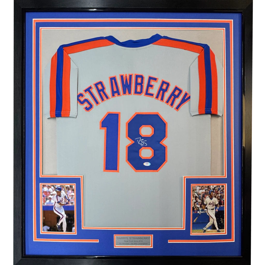 Framed Darryl Strawberry signed baseball jersey with photos and plaque ready to hang