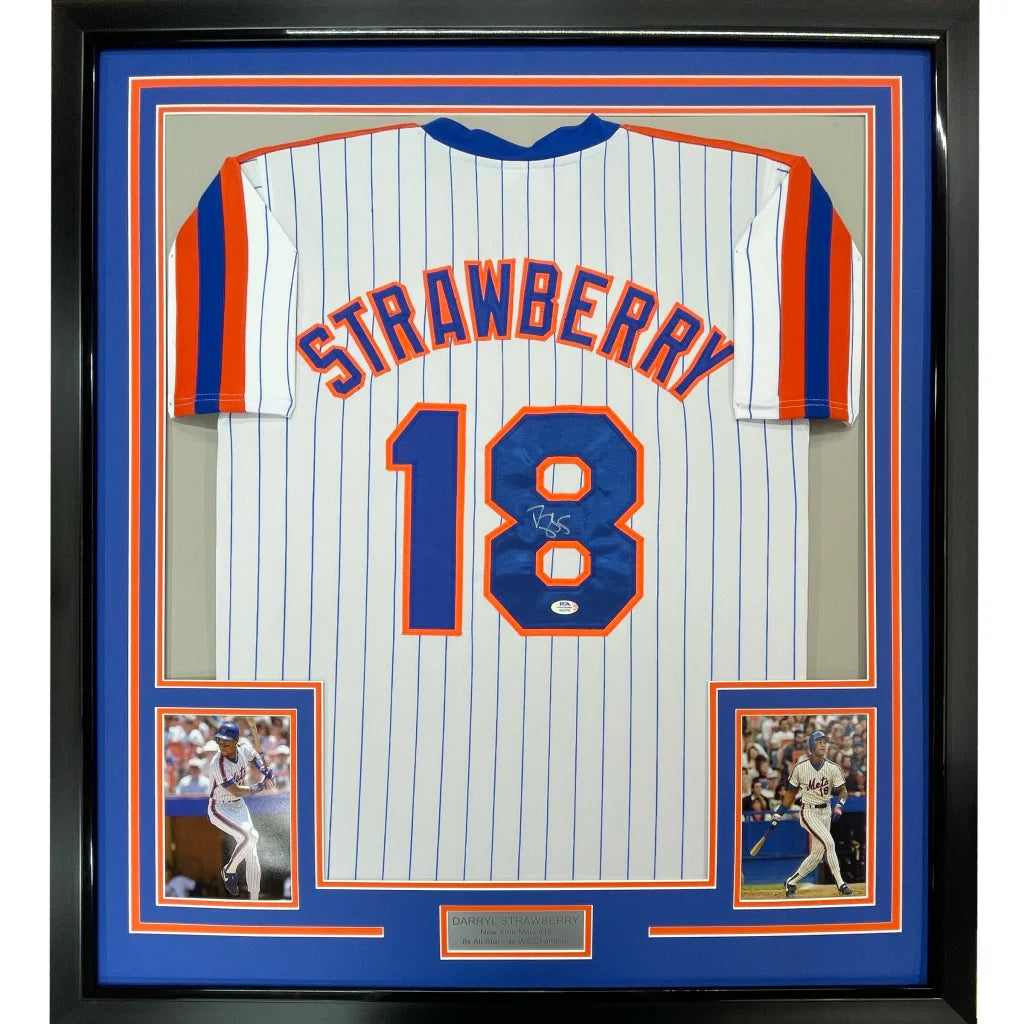 Framed autographed Darryl Strawberry Mets pinstripe jersey with Strawberry 18, PSA/DNA COA