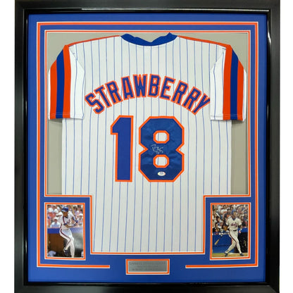 Framed autographed Darryl Strawberry Mets pinstripe jersey with Strawberry 18, PSA/DNA COA