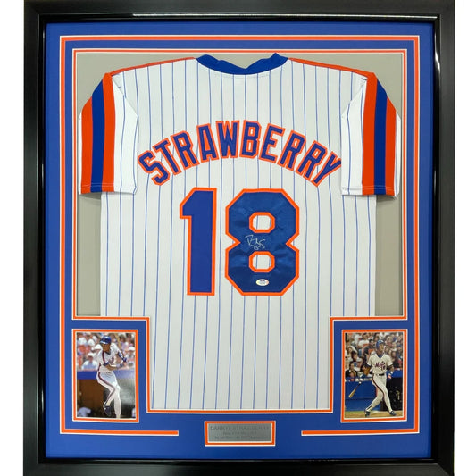 Framed autographed Darryl Strawberry Mets pinstripe jersey with Strawberry 18, PSA/DNA COA