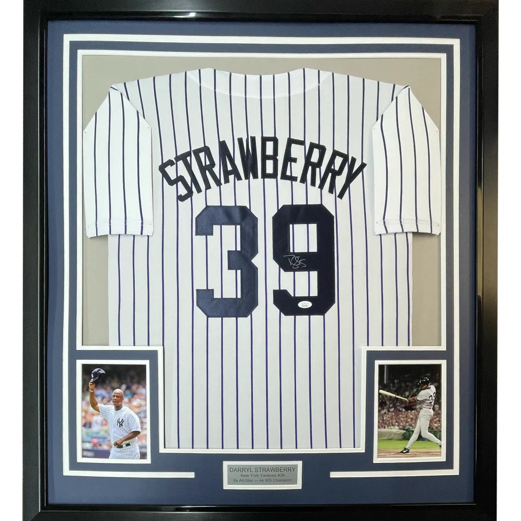 Framed Autographed Darryl Strawberry 35x39 New York Pinstripe Baseball Jersey JSA COA | Hall of Fame Sports Memorabilia | vintageantiquesgifts.com