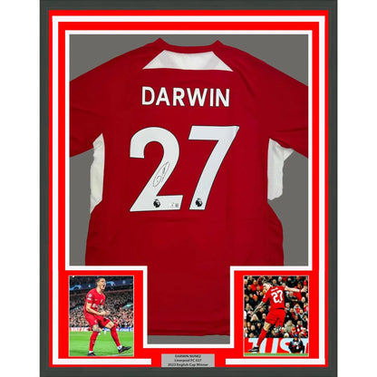 Framed Autographed Darwin Nunez 35x39 Liverpool Red Soccer Jersey Beckett BAS COA #2 | Hall of Fame Sports Memorabilia | vintageantiquesgifts.com