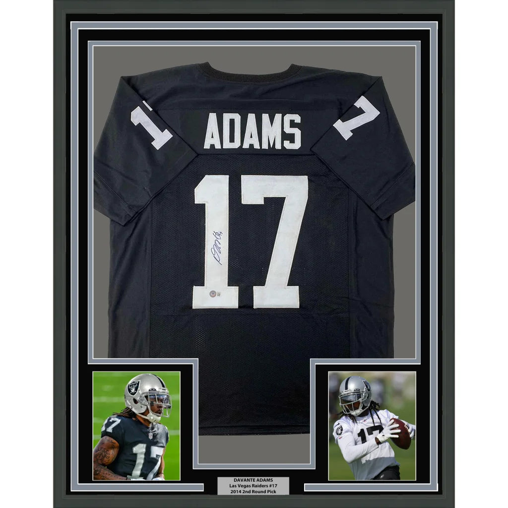 Framed autographed davante adams las vegas raiders black football jersey with white number 17 and name adams back view