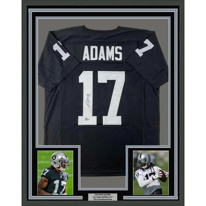 Framed autographed davante adams las vegas raiders black football jersey with white number 17 and name adams back view