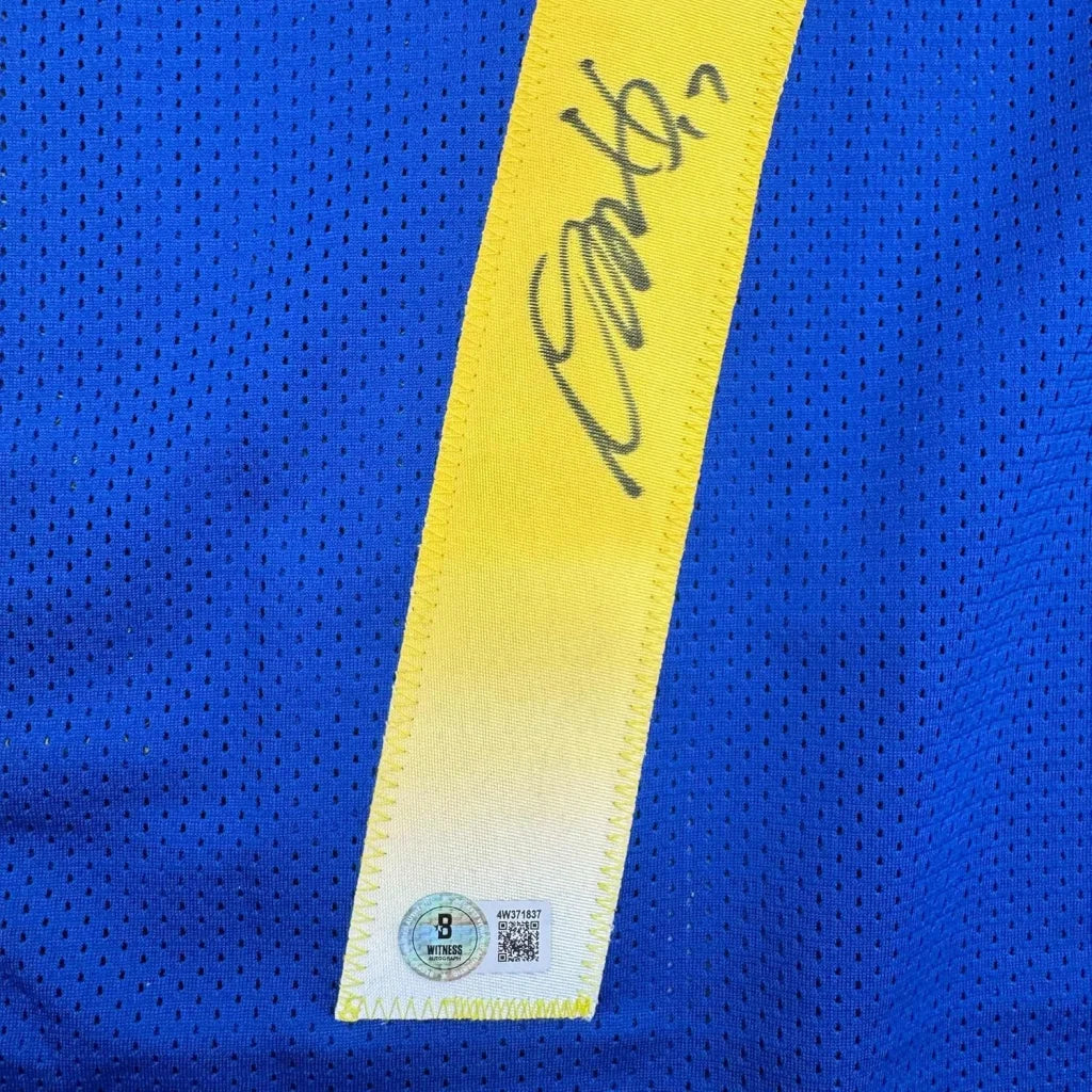 Framed autographed Davante Adams LA blue football jersey with yellow signature strip, Beckett BAS COA