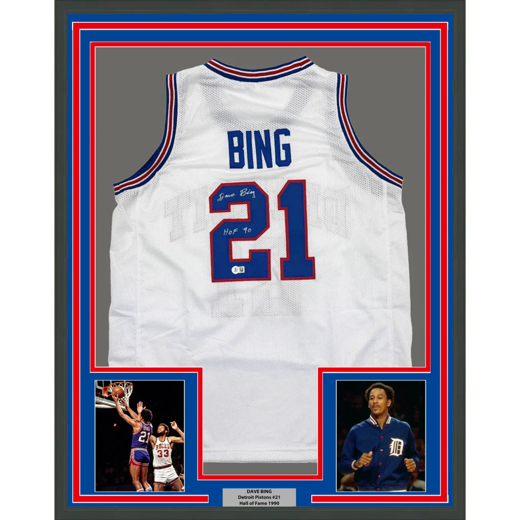 Framed autographed Dave Bing HOF white mesh basketball jersey with Bing 21