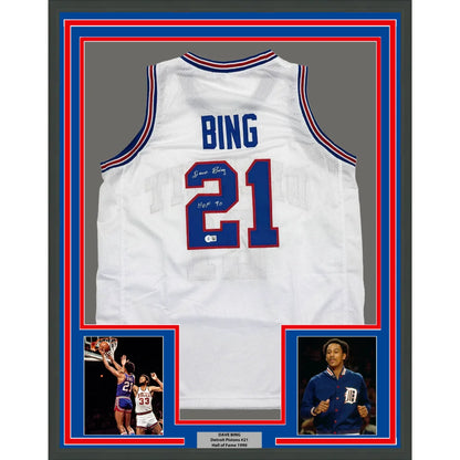 Framed autographed Dave Bing HOF white mesh basketball jersey with Bing 21