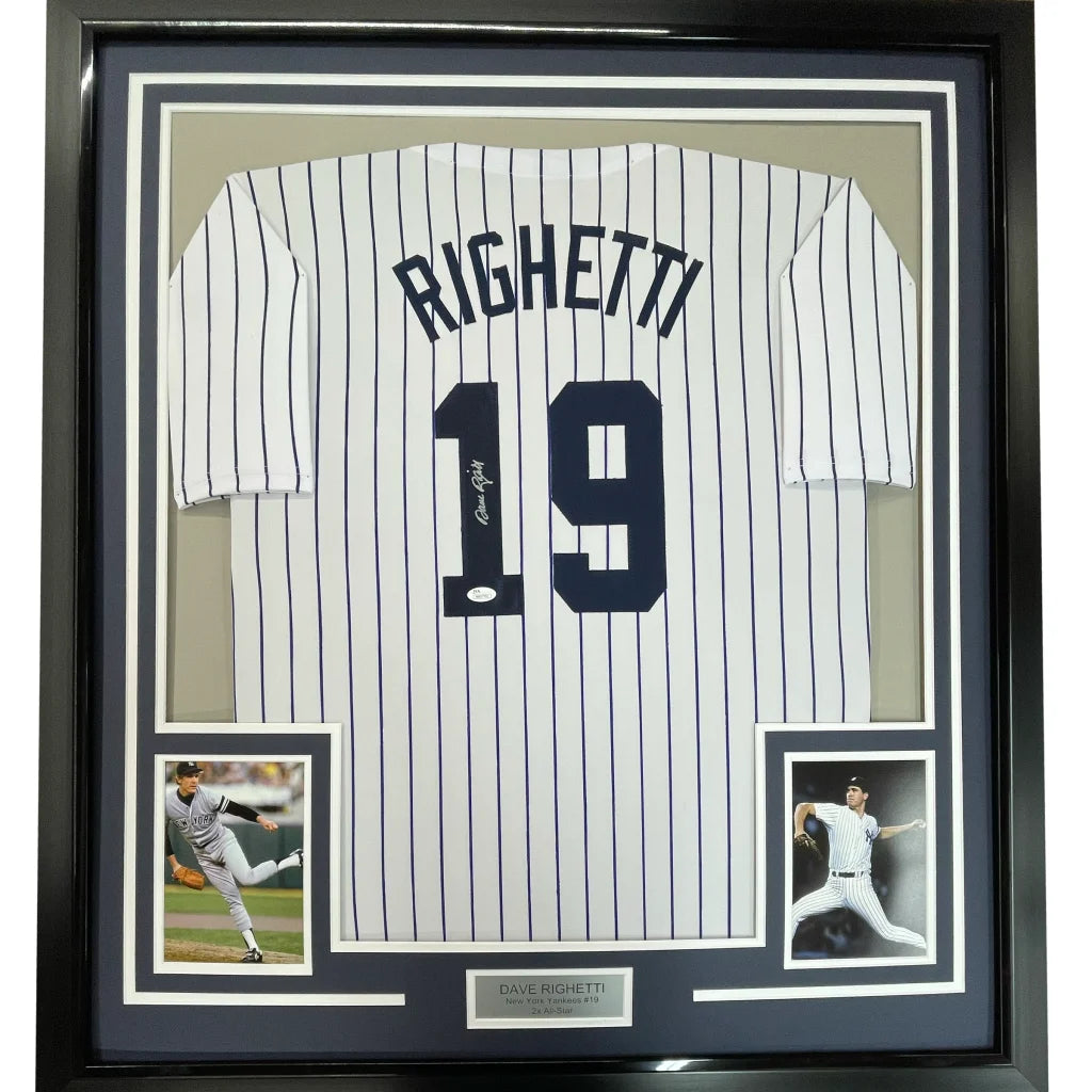 Framed Autographed Dave Righetti 35x39 New York Pinstripe Baseball Jersey JSA COA | Hall of Fame Sports Memorabilia | vintageantiquesgifts.com