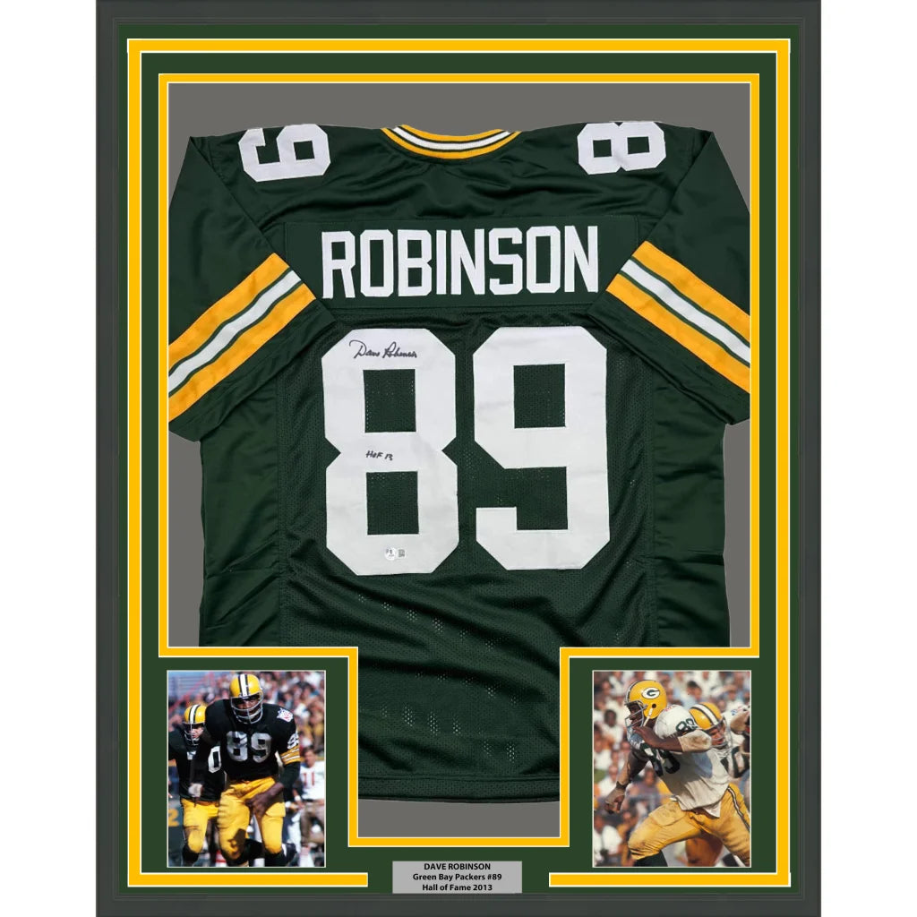 Framed Autographed Dave Robinson HOF 2013 35x39 Green Bay Packers Green Football Jersey JSA COA | Hall of Fame Sports Memorabilia | vintageantiquesgifts.com
