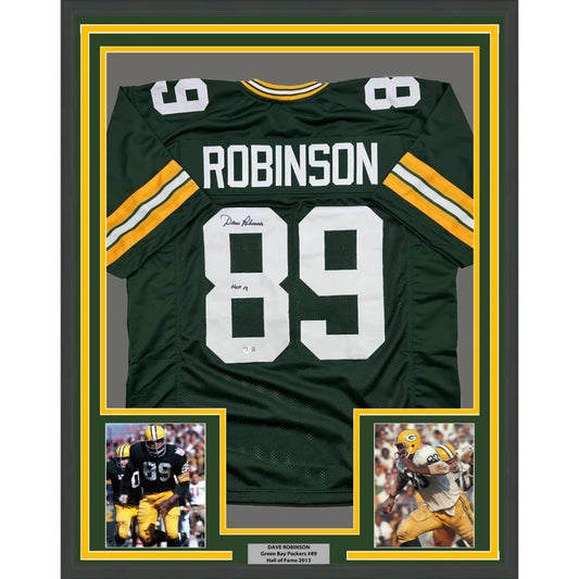 Framed Autographed Dave Robinson HOF 2013 35x39 Green Bay Packers Green Football Jersey JSA COA | Hall of Fame Sports Memorabilia | vintageantiquesgifts.com