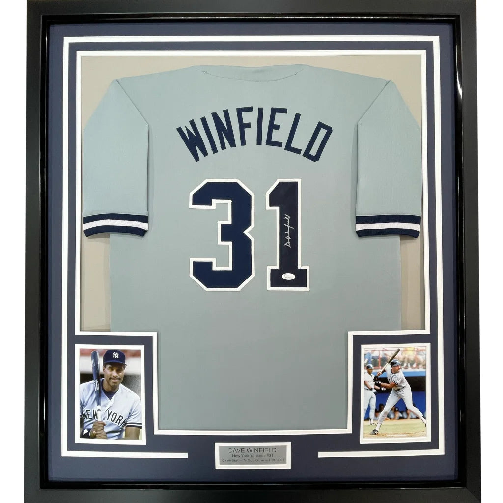 Framed Autographed Dave Winfield 35x39 New York Grey Baseball Jersey JSA COA | Hall of Fame Sports Memorabilia | vintageantiquesgifts.com