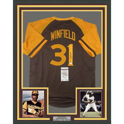 Framed autographed back of Dave Winfield San Diego Padres brown jersey, Winfield 31