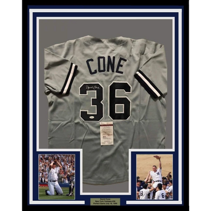 Framed autographed gray New York Yankees David Cone jersey with number 36