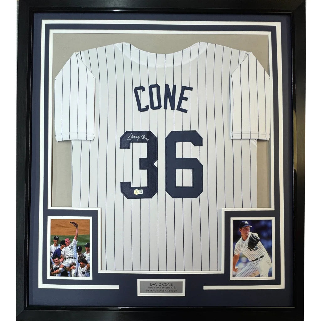 Framed Autographed David Cone 35x39 New York Pinstripe Baseball Jersey Beckett BAS COA | Hall of Fame Sports Memorabilia | vintageantiquesgifts.com