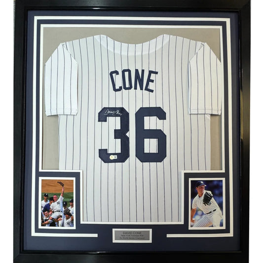 Framed Autographed David Cone 35x39 New York Pinstripe Baseball Jersey Beckett BAS COA | Hall of Fame Sports Memorabilia | vintageantiquesgifts.com