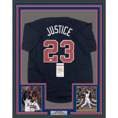 Framed Autographed David Justice 35x39 Atlanta Blue Baseball Jersey JSA COA | Hall of Fame Sports Memorabilia | vintageantiquesgifts.com